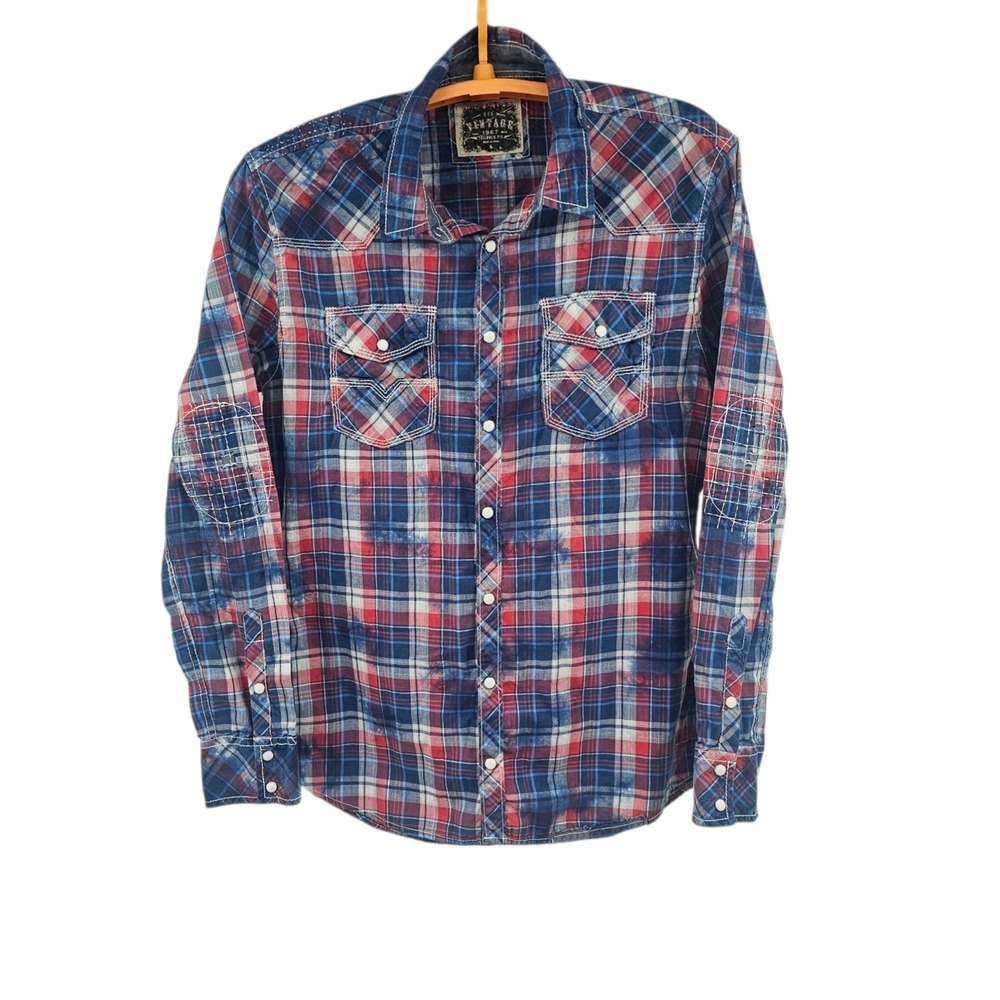 BKE Vintage Shirt Distressed Large‎ Plaid Pearl Snap Long Sleeve
